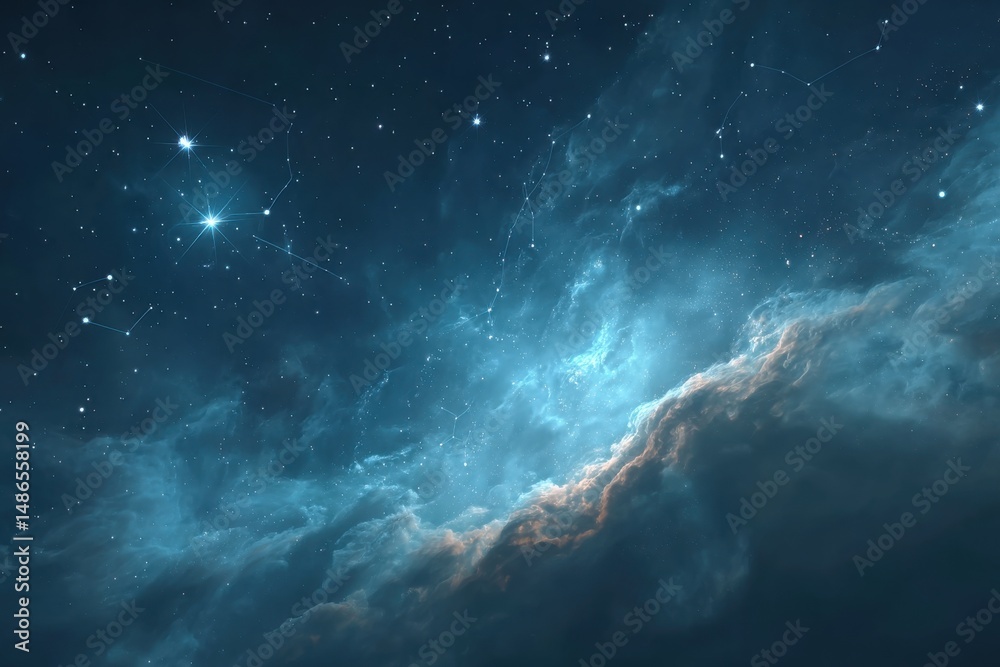 Obraz premium Mystical cosmic landscape with glowing stars and ethereal clouds in the dark sky, showcasing the beauty of the night sky, constellations and nebulas.