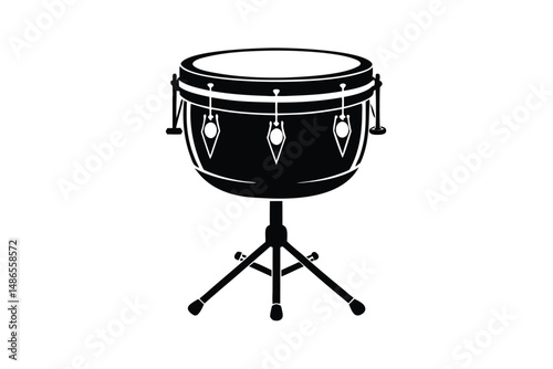 Bold black monochrome timpani drum rests steadily upon a tripod stand, presenting a musical instrument