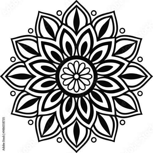 A detailed black and white mandala design with floral and geometric patterns on a white background