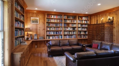 Wood paneled library with built-in bookshelves and dark leather sofas.