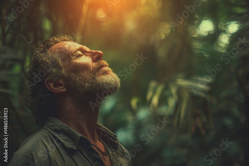 A man finds peace in the sunlight, a portrait of serenity and deep contemplation.