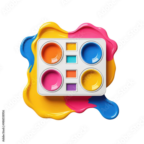 Colorful paint palette with vibrant colors and splashes, perfect for artistic expression