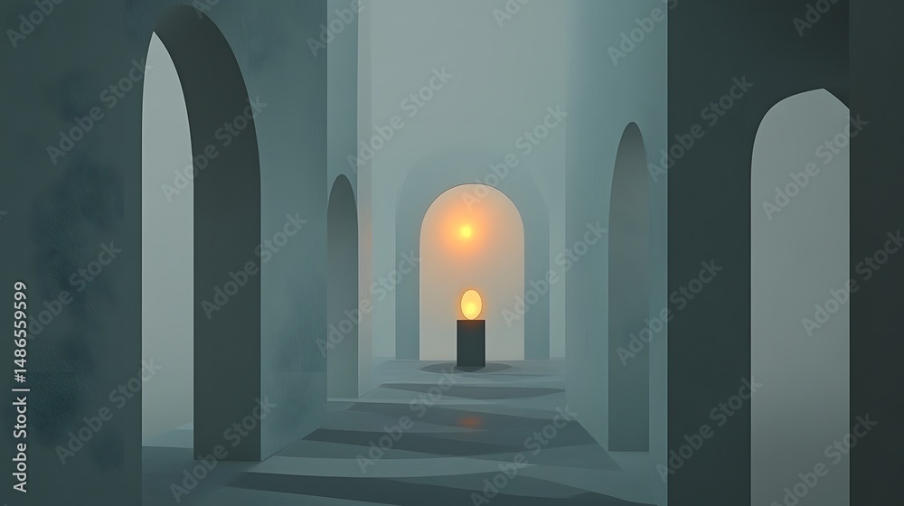 Fototapeta premium Serene Minimalist Architecture Interior with Arched Pathways and Glowing Orb