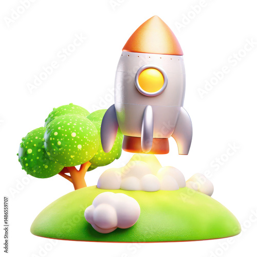 Colorful cartoon rocket launching from grassy hill with trees and clouds, evoking excitement