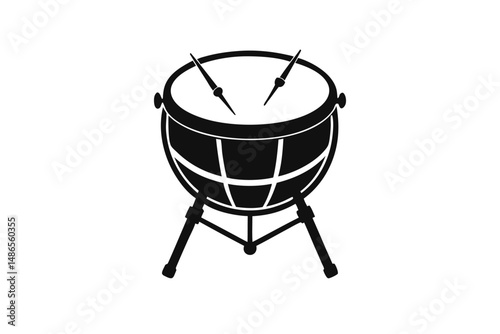 Black and white isolated depicts a timpani drum instrument with two drumsticks
