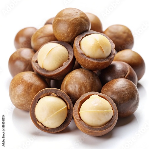 Pile of Fresh and Delicious Macadamia Nuts on a White Background photo