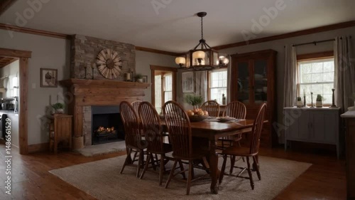 Traditional dining room featuring a large wooden table near a rustic fireplace.