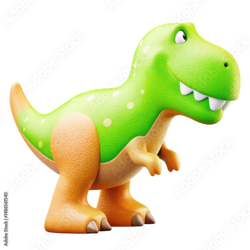 Cheerful green dinosaur toy with orange accents and white spots, perfect for playtime fun