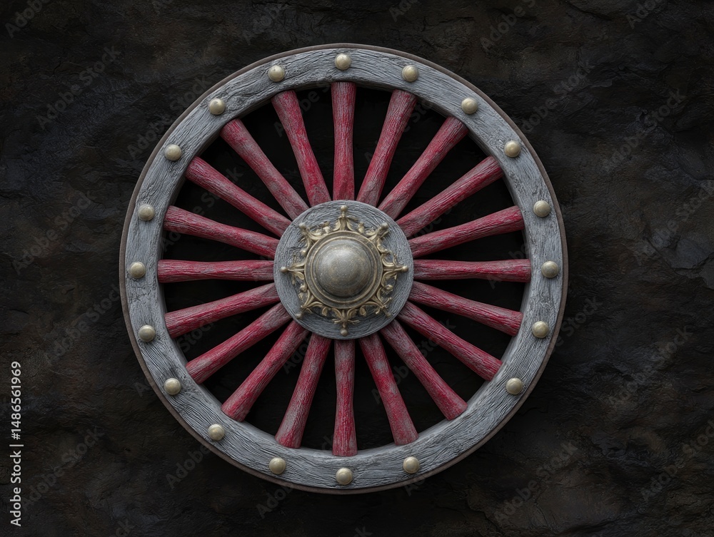 Naklejka premium Ancient Wooden Wheel: Red Spokes, Grey Rim, Dark Background