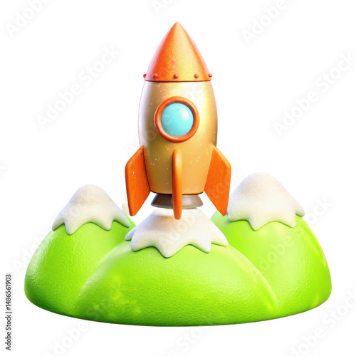 Colorful rocket sits atop vibrant green hill with snowy peaks, evoking sense of adventure