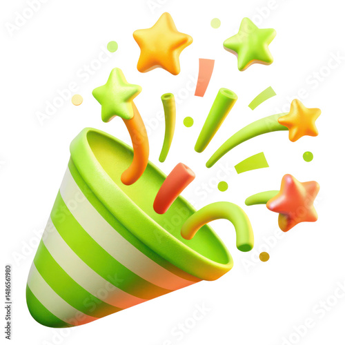 Festive party popper with colorful stars and confetti bursting out, creating joyful atmosphere