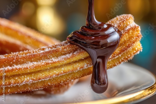 Delicious crispy churros coated with sugar being drizzled with luscious dark chocolate sauce, a sweet treat with a golden background.