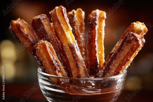 Delicious and tempting churros in a glass with chocolate sauce, sprinkled with sugar, perfect dessert for a special occasion, with a close-up view.