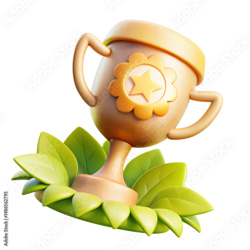 Shiny trophy with star, surrounded by green leaves, symbolizes achievement and success