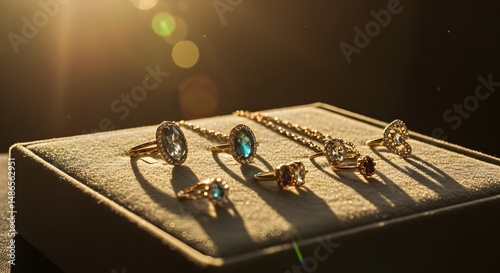 Jewelry pieces on a velvet display pad