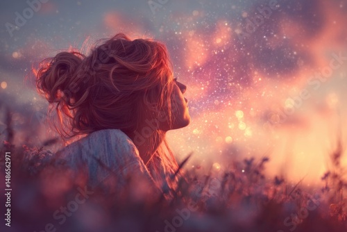 Fototapeta Naklejka Na Ścianę i Meble -  A dreamy portrait of a woman gazing at a magical sky with a pink and orange glow, surrounded by bokeh lights, in a field of flowers, serene and calm.