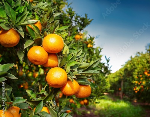 bunch of fresh ripe oranges hanging on a tree in orange gardenn