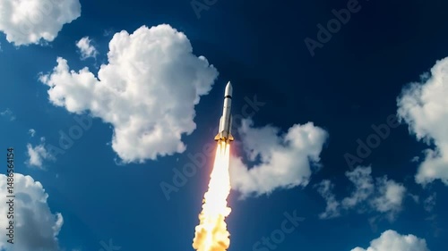 Rocket launch with smoke and clouds in the sky. Space shuttle taking off for a space exploration mission. High quality 4k footage