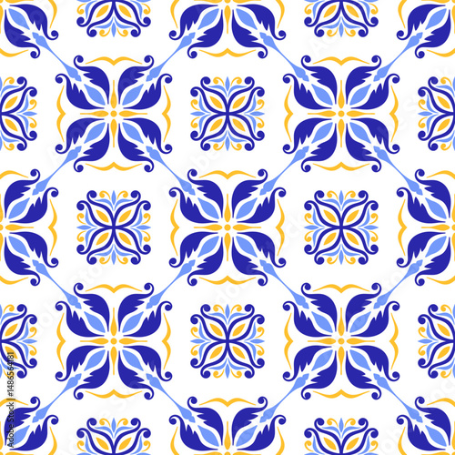 Mediterranean seamless pattern of blue yellow tiles. Ethnic mosaic design of Portuguese, Italian, Spanish motifs. Floral ornament,  vector illustration