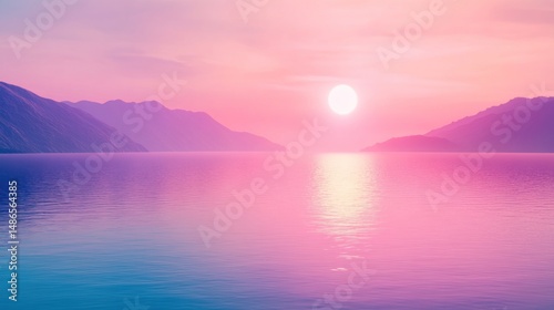 Peaceful sunset over calm water and mountains pink and purple sky