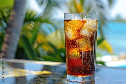 A refreshing glass of iced beverage. The drink features a cold, bubbly concoction with ice
