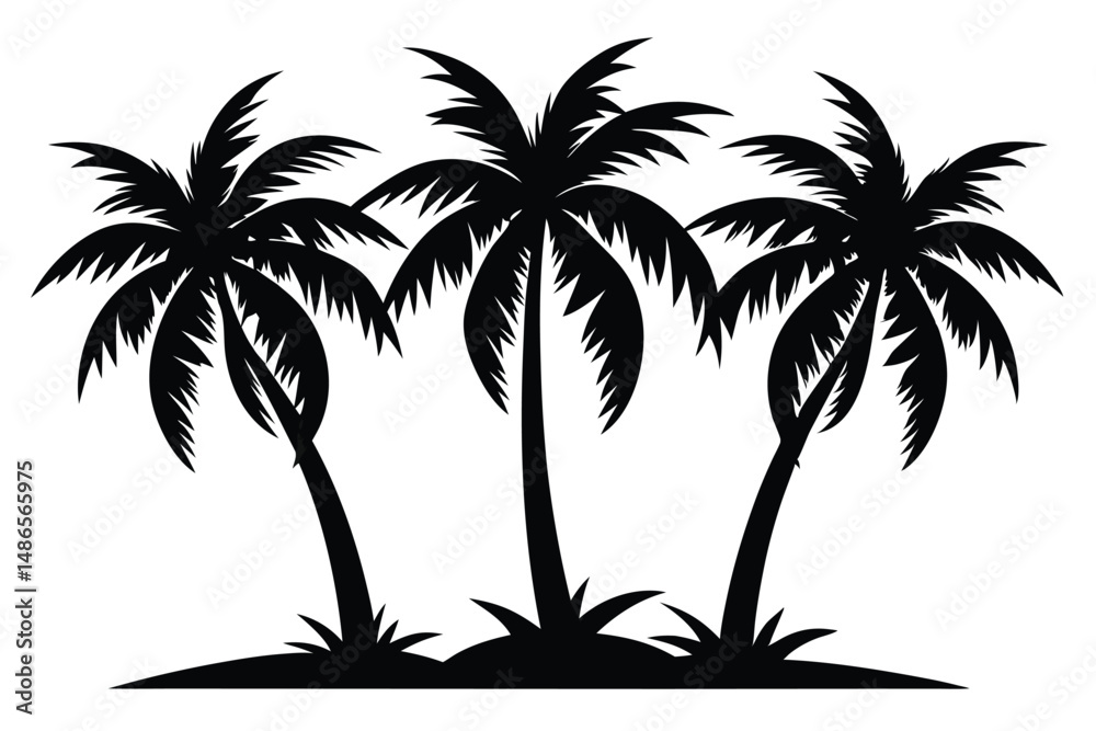 Fototapeta premium Three silhouetted palm trees stand tall upon the sandy land, casting dark shadows