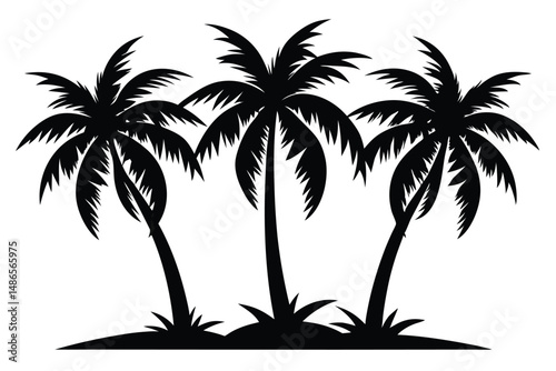 Three silhouetted palm trees stand tall upon the sandy land, casting dark shadows