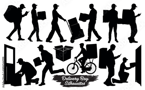 Silhouettes of delivery man with package box on bicycle and walking isolated on a white background