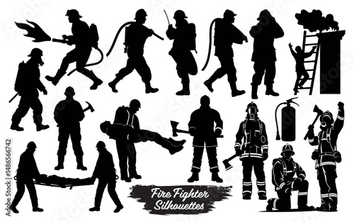 Silhouette illustration of firefighters in various rescue actions isolated on a white background