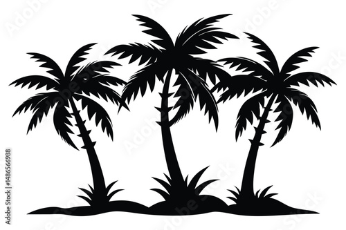Three black silhouette palm trees stand clustered together on a sandy ground in monochrome