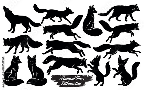 Collection of fox silhouettes in various poses isolated on a white background
