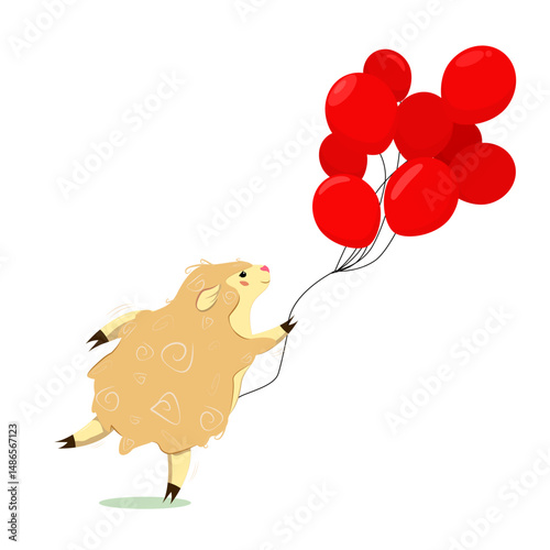 vector illustration of a sheep reaching for red balloons. Isolated on a white background
