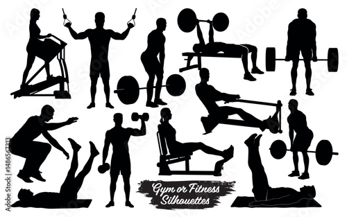 Collection of gym and fitness exercise silhouettes on a white background