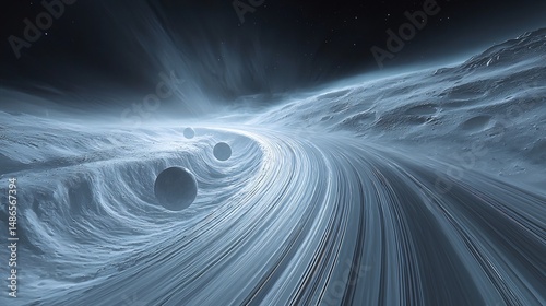 Orbit visual of moonlets embedded rings forming waves and gaps ring moon interaction simulation gravitational wave pattern soft color render photo