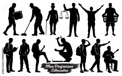 Silhouettes of men in various professions and activities isolated on a white background