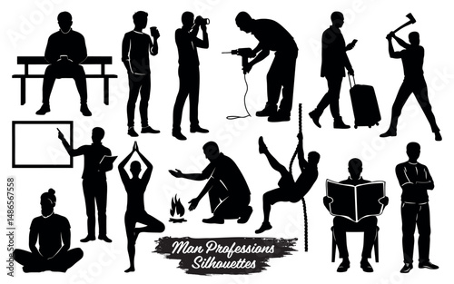 Silhouettes of men engaged in various professions and activities isolated on a white background
