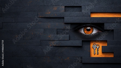 Surreal Collage of an Eye Keys and Hands in a Dark Brick Wall