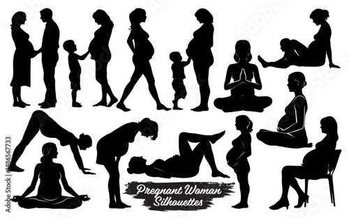 Silhouettes of pregnant women in various poses including yoga and with a child isolated on a white background