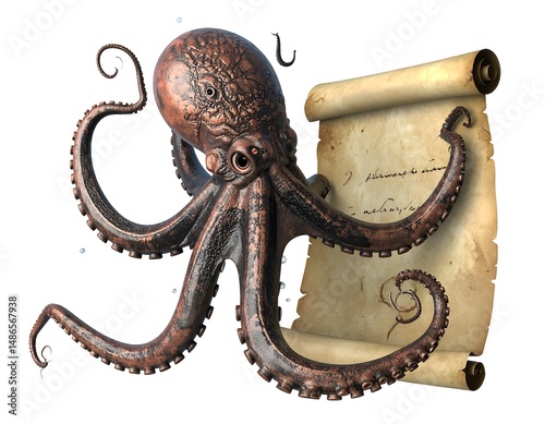 Detailed Brown Octopus Holding Aged Scroll on White Background