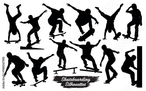 Silhouettes of skateboarders performing various tricks and stunts isolated on a white background