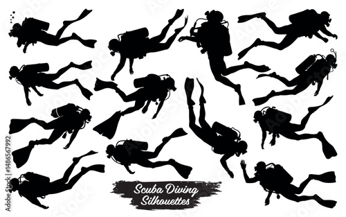 Scuba divers silhouettes in various poses isolated on a white background