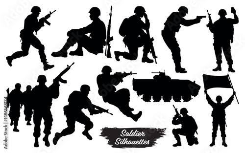 Silhouettes of soldiers in various poses with weapons and a tank
