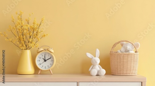 Soft yellow room interior with alarm clock flowers and plush toys