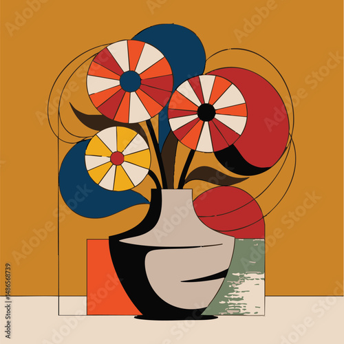 Stylized floral arrangement with geometric shapes in a beige vase