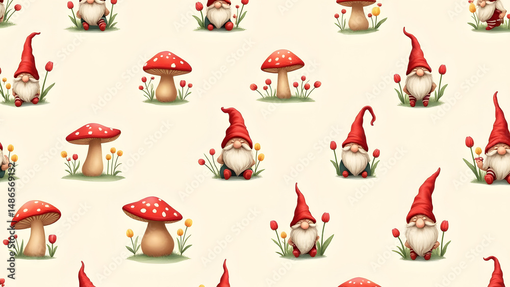Fototapeta premium Whimsical gnome pattern hiding among giant mushrooms and flowers, cheerful woodland design for children's spaces.