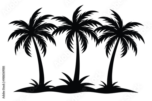 Three black palm trees stand silhouetted against a white background, evoking a tropical theme