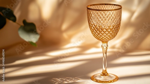 Elegant golden glassware sunlight shadow beige background minimalist product shot