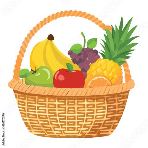 Vector Illustration of Rustic Basket Filled with Exotic Fruits