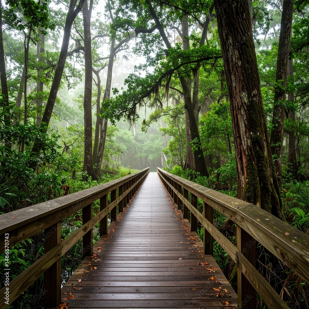 Obraz premium Misty wooded pathway through lush forest with wooden bridge