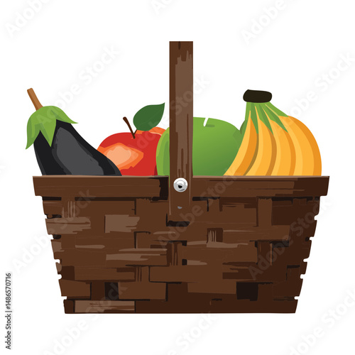 Wicker Basket with Fresh Garden Fruit - Vector Illustration